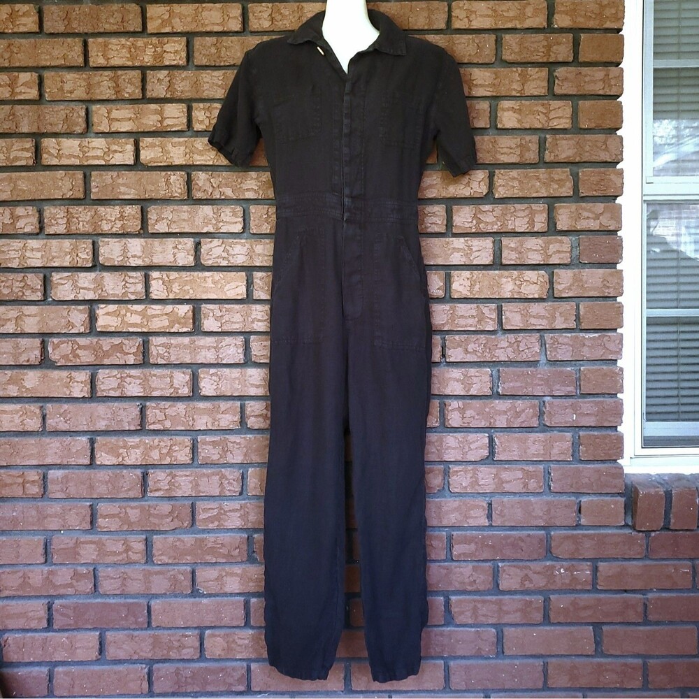MATE the Label Linen Jumpsuit XS Black Short Sleeve Button Up Utility Minimalist